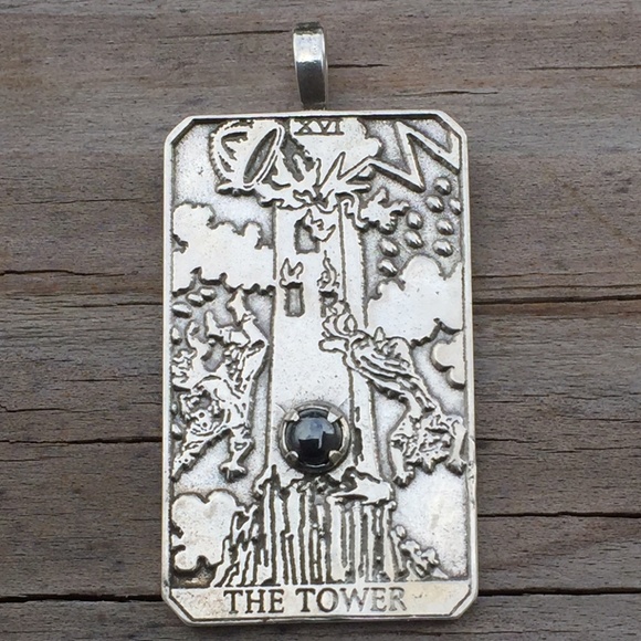 Wellstone Other - Tower Tarot Card Pendant .925 Sterling Silver w/ genuine Hematite gem USA
